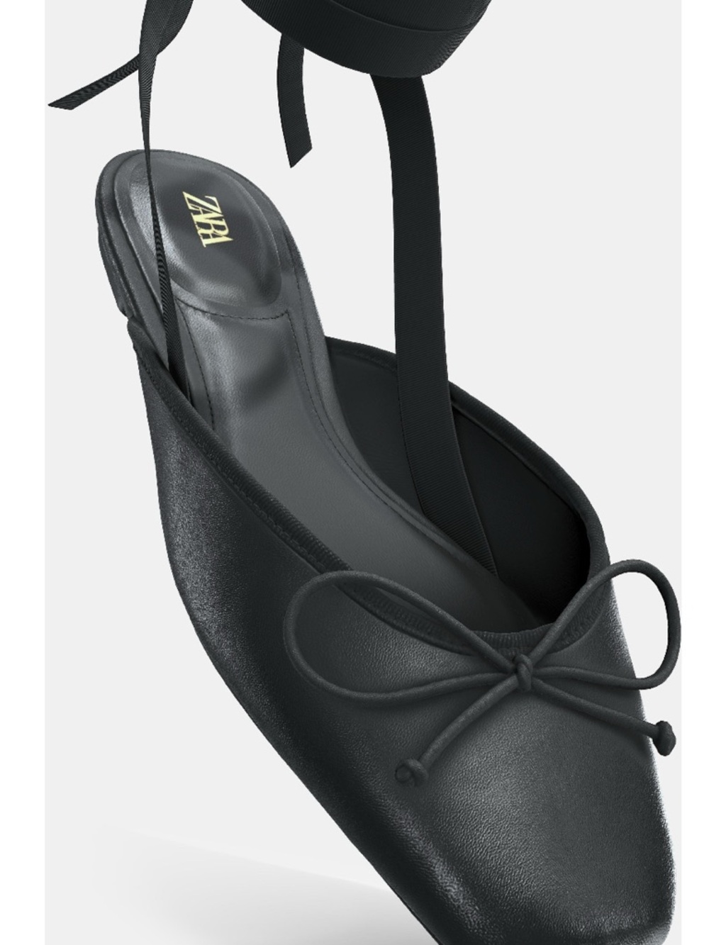 Zara Black Leather Ballet Flat with Ankle Tie